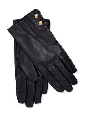 Ralph Lauren Black Leather Gloves with Gold Medallion Buttons